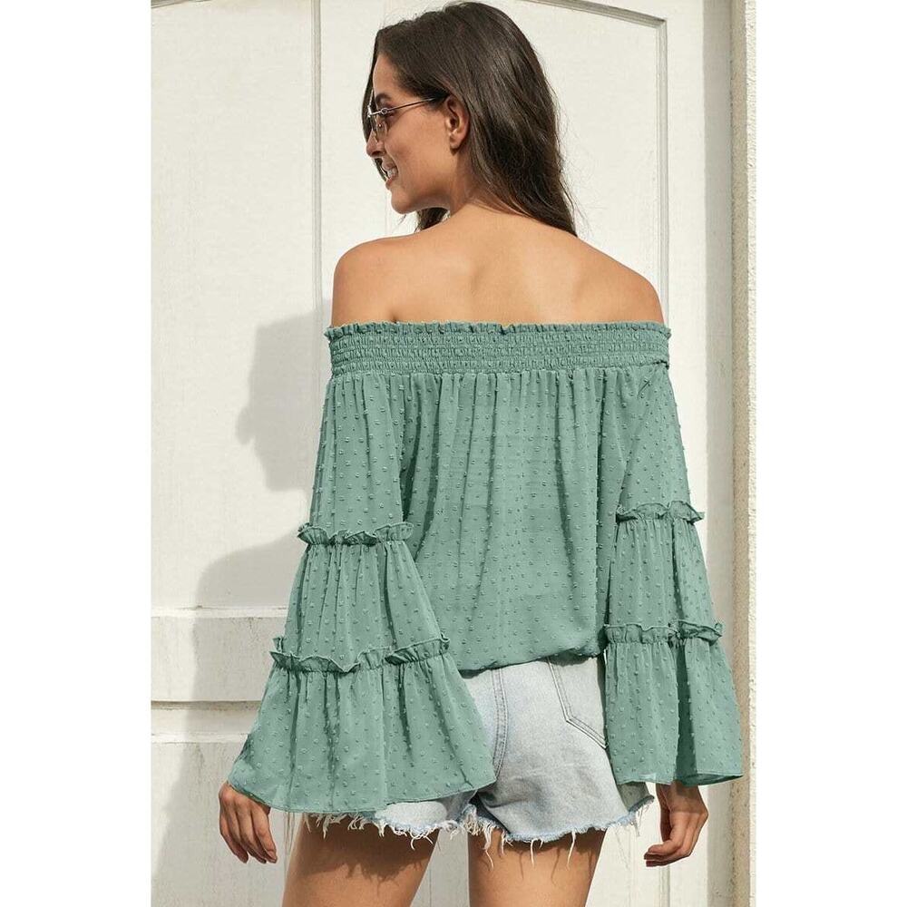 NEW Ninexis Sage Green Swiss Dot Off Shoulder Smocked Sleeve Summer Top Small - Picture 5 of 15